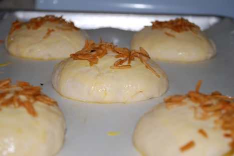 Dough balls that have rested for 10 minutes and then topped with onions.  Ready to bake.